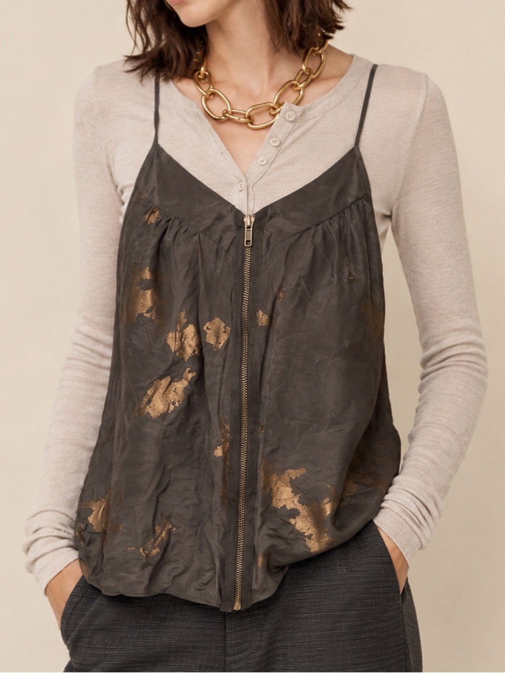 Silence + Noise Silk Gray Gold Foil Zipper Silk Camisole Tank Top Size Small